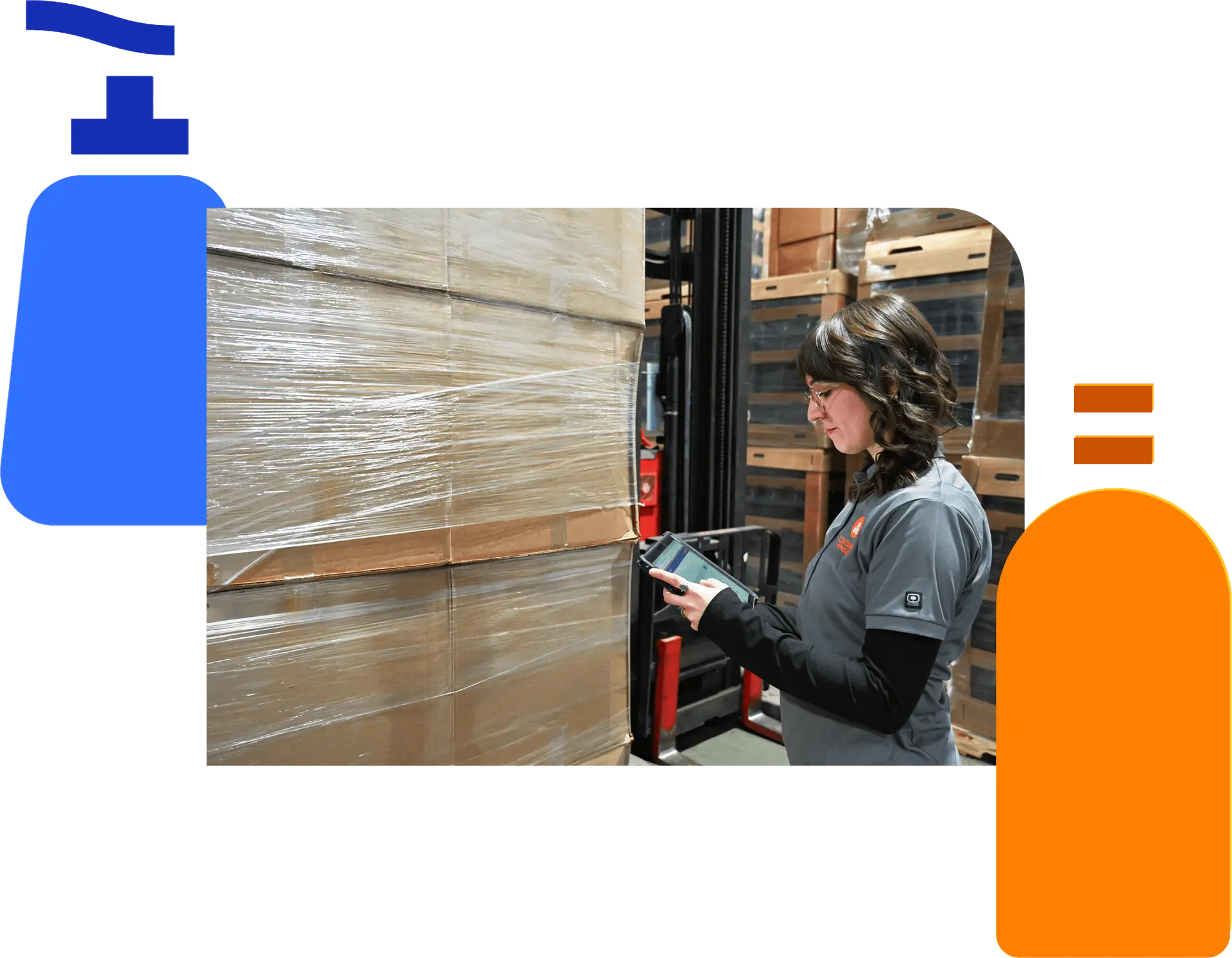 Container and Packaging Employee checking a list in front of a palette of boxes